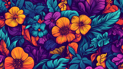 Poster - Vibrant floral pattern with tropical leaves and colorful flowers.