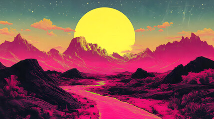 Canvas Print - Vibrant surreal landscape with a large sun and flowing river.