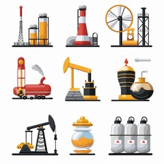 A collection of industrial icons, including a train, a refinery, and a clock tower. Scene is one of industry and progress