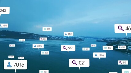 Poster - Social media engagement icons animation over serene lake and mountain landscape