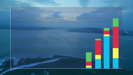 Poster - Bar chart animation over aerial view of coastal landscape at sunset