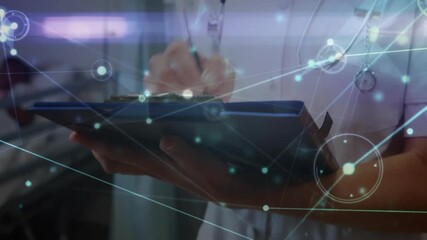 Poster - Writing on clipboard, doctor with stethoscope over medical data network animation