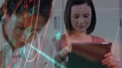 Poster - Financial data charts animation over woman using tablet in office