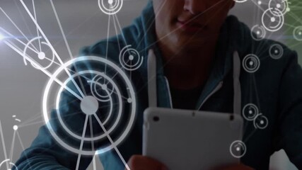 Poster - Using tablet, person with hoodie over futuristic network connections animation