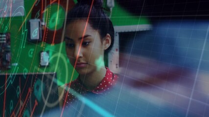 Poster - Analyzing financial data animation, woman working in office with computer