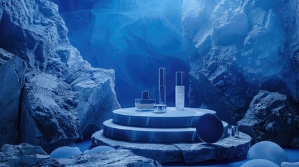 A stone pedestal display showcases cosmetics against a backdrop of blue light. and plenty of space for text