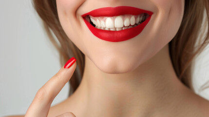 Wall Mural - Smiling woman with clean teeth pointing own red lips with her finger, isolated on white background , Quality Enhanced With Ai