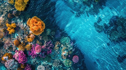 Sticker - A coral reef from above, with its colorful formations visible through the clear, blue water, representing Earth's underwater beauty.