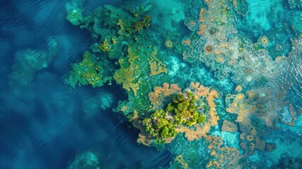 Sticker - A coral reef from above, with its colorful formations visible through the clear, blue water, representing Earth's underwater beauty.