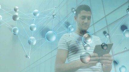 Poster - Network of connections animation over man using tablet near glass building