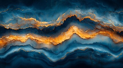 Poster - Abstract blue and gold wave pattern with smooth fluid lines and a luminous effect