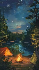 Wall Mural - Campfire under starry sky.