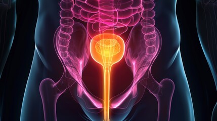 a close up of a woman's pelvic area with a yellow tube coming out of her. the image is in black and 