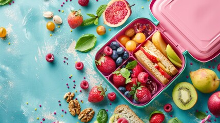 Healthy School Lunchbox With Sandwiches, Fruits, And Nuts On A Blue Background. Top View