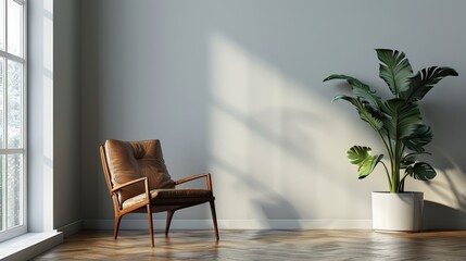 A tan chair sits in front of a window with a potted plant in the corner. The room is clean and uncluttered, with a neutral color scheme