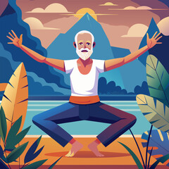 old man do yoga, vector illustration flat 2