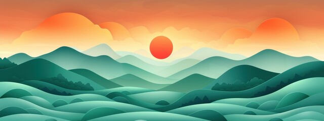 Wall Mural - A beautiful mountain landscape with a large red sun in the sky. The sun is setting, casting a warm glow over the mountains. The scene is peaceful and serene, with the mountains