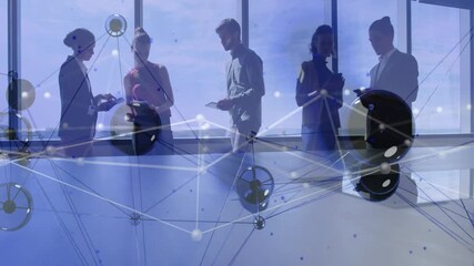 Poster - Business people in office with network of connections and data processing animation