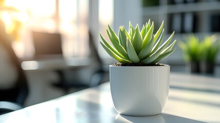 Wall Mural - Bright and warm minimalist office space, white desk surface, small potted succulent plant, soft natural light from windows, blurred chair silhouettes, clean modern interior, copy space for text, airy 