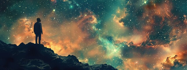 a person is standing on a hill looking up at the stars. the sky is filled with stars and clouds, cre
