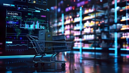 A shopping cart filled with goods stands in front of an illuminated black screen displaying graphs and data on the left side, creating a futuristic atmosphere. The background is dark and features neon