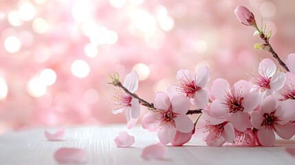 Delicate cherry blossom branches, soft pink petals, white wooden table surface, pastel pink bokeh background, gentle spring atmosphere, copy space for text, minimalist floral composition.