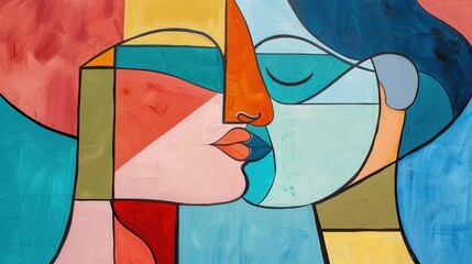 Wall Mural - original 2 women love mid century modern abstract happy simple bold muted pastel bold intimacy vibrancy passion love passion outline closeness merging holding grasping smiling cheerful