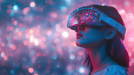 A woman wearing VR glasses in front of a digital background