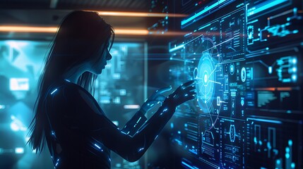 Poster - woman in a dark silhouette is interacting with a digital interface, a large screen filled with complex data and graphics, showing futuristic technology and a cyber world.