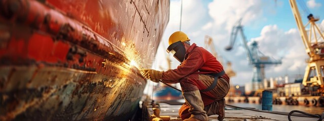 A man in a red jacket is working on a ship. The ship is rusty and in need of repair. The man is wearing a yellow helmet and gloves, and he is using a blowtorch to fix the ship