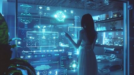 Poster - Woman Interacting with futuristic digital interface, exploring data and information in a modern tech-driven environment.