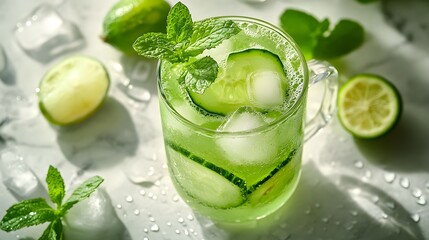 Refreshing cucumber lime cocktail, clear glass mug, white marble countertop, vibrant green drink, ice cubes, cucumber slices, fresh mint leaves, lime wedges, condensation droplets, soft natural lighti