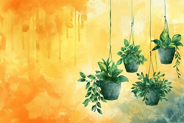 Wall Mural - Watercolor tropical green house plants in pots. Hygge style. Trendy house interior decor. Greenery botanical illustration with copy space for design banner, poster, card