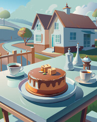 cake and chocolates on table, home background, realistic, high resolution, vector illustration flat