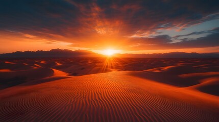 Wall Mural - sunset over desert dunes, golden sand, deep orange sky, soft shadows, distant mountains, serene land