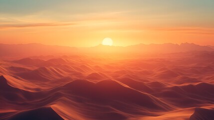 Wall Mural - sunset over desert dunes, golden sand, deep orange sky, soft shadows, distant mountains, serene land
