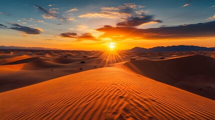 Wall Mural - sunset over desert dunes, golden sand, deep orange sky, soft shadows, distant mountains, serene land