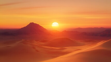 Wall Mural - sunset over desert dunes, golden sand, deep orange sky, soft shadows, distant mountains, serene land