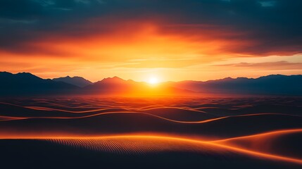 Wall Mural - sunset over desert dunes, golden sand, deep orange sky, soft shadows, distant mountains, serene land