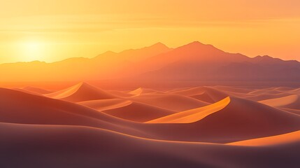 Wall Mural - Sunset over desert dunes, golden sand, deep orange sky, soft shadows, distant mountains, serene landscape, warm colors, soft light, tranquil atmosphere, minimalist composition, expansive view.