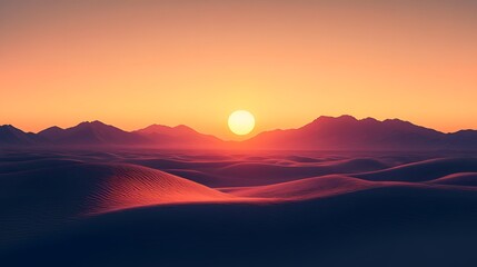 Wall Mural - Sunset over desert dunes, golden sand, deep orange sky, soft shadows, distant mountains, serene landscape, warm colors, soft light, tranquil atmosphere, minimalist composition, expansive view.