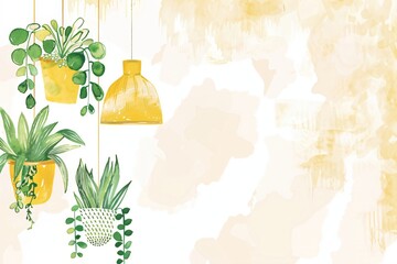 Watercolor tropical green house plants in pots. Hygge style. Trendy house interior decor. Greenery botanical illustration with copy space for design banner, poster, card