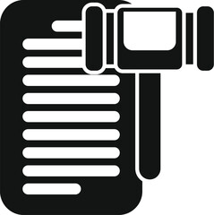 Poster - black silhouette icon of a judge's gavel coming down on a legal document, representing a verdict or 