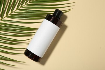 Wall Mural - Bottle of shampoo and palm leaf on beige background, flat lay. Space for text