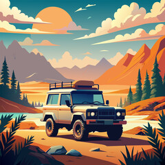 adventure car, natural background, vector illustration flat 2