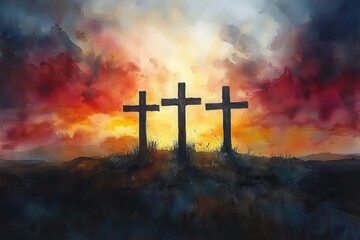 Wall Mural - impressionistic watercolor depicting three crosses silhouetted against a turbulent sky muted earthy tones expressive brushstrokes emotive religious scene