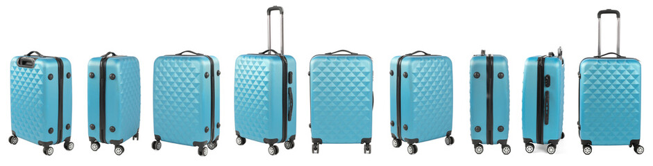 Canvas Print - Set of light blue suitcase on white background, view from different sides