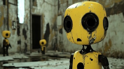 Sticker - Yellow Robot in Abandoned Building.