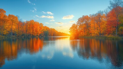 Poster - Autumn Sunset Over Lake With Colorful Trees Reflection.