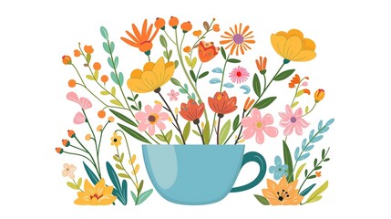 Wall Mural - Colorful Flower Bouquet in a Blue Cup